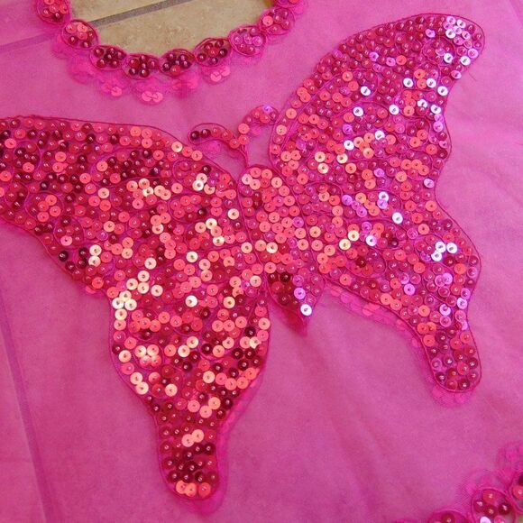 HANDMADE Pink Butterfly Sequin Crepe Netting Over the Shoulders Neck Wrap OS - Picture 7 of 11